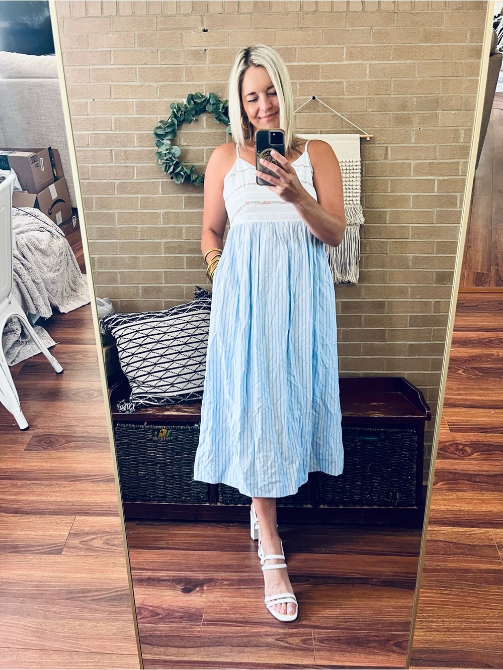 Light Blue Striped Midi Sundress with Embroidered Bodice